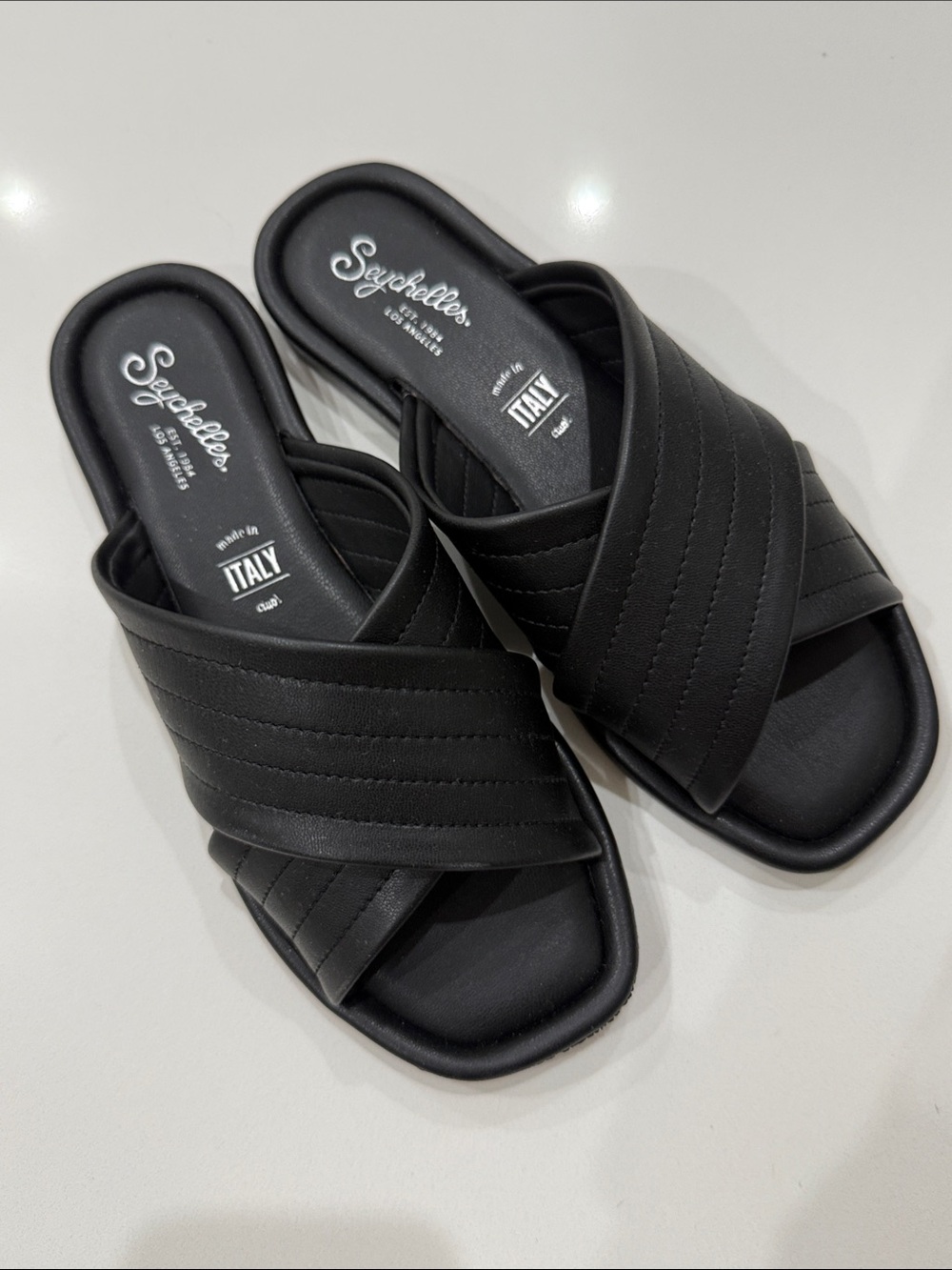 Seychelles Quilted Black Crossover Leather Slide